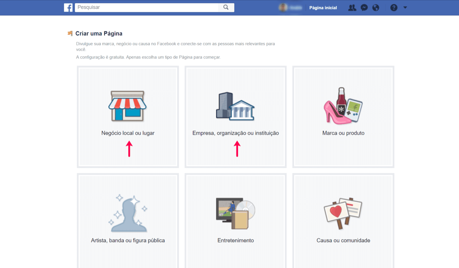 escolher tipo de página do facebook para imobiliária